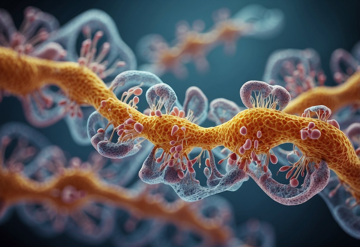 Peptides binding to receptors on muscle cells, triggering protein synthesis and fat breakdown. Illustrate the molecular interaction and cellular response in a scientific setting