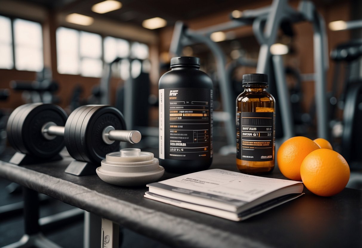 A bottle of peptides sits next to a weightlifting bench, with a workout plan and nutrition guide nearby. The gym environment is depicted with exercise equipment in the background