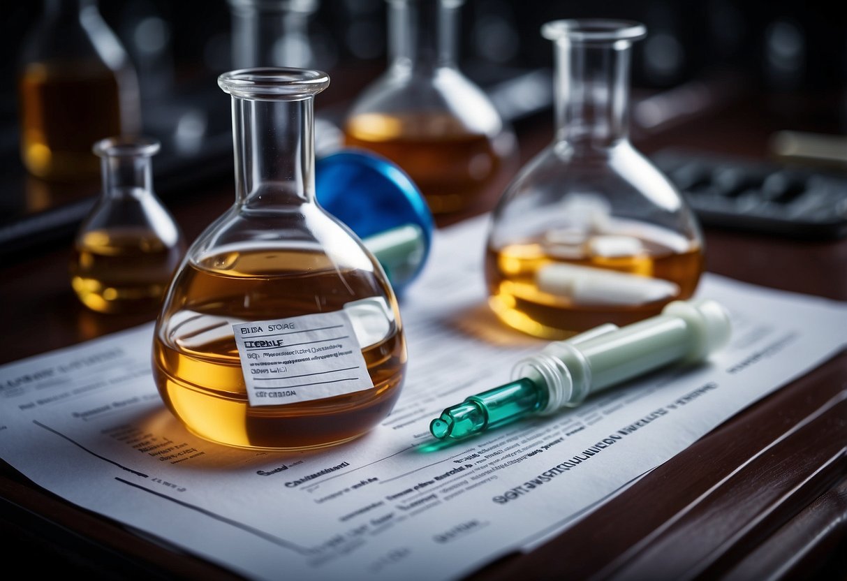 A laboratory setting with peptide vials, safety equipment, and legal documents. No human subjects or body parts present