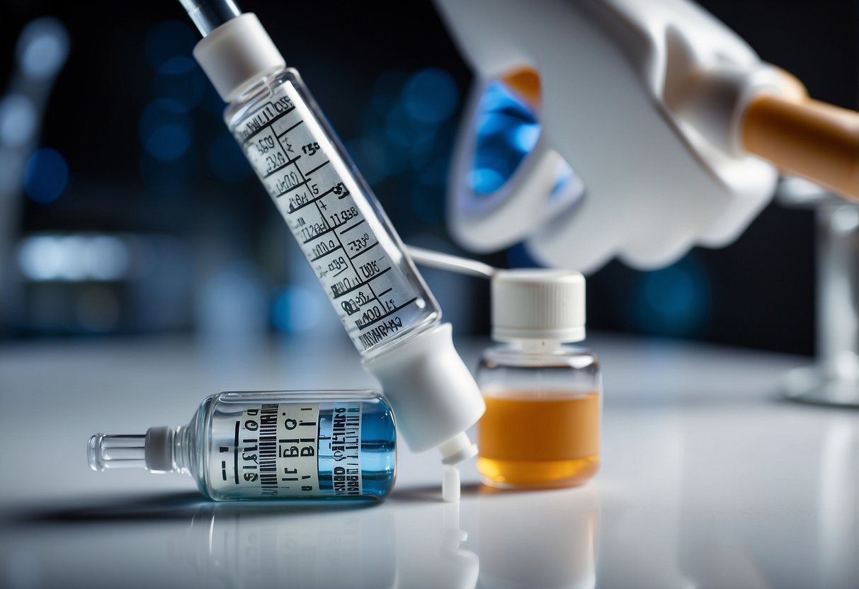 A vial of peptides being drawn into a syringe, with a needle inserted into the vial. A chart showing muscle growth and fat loss progress in the background