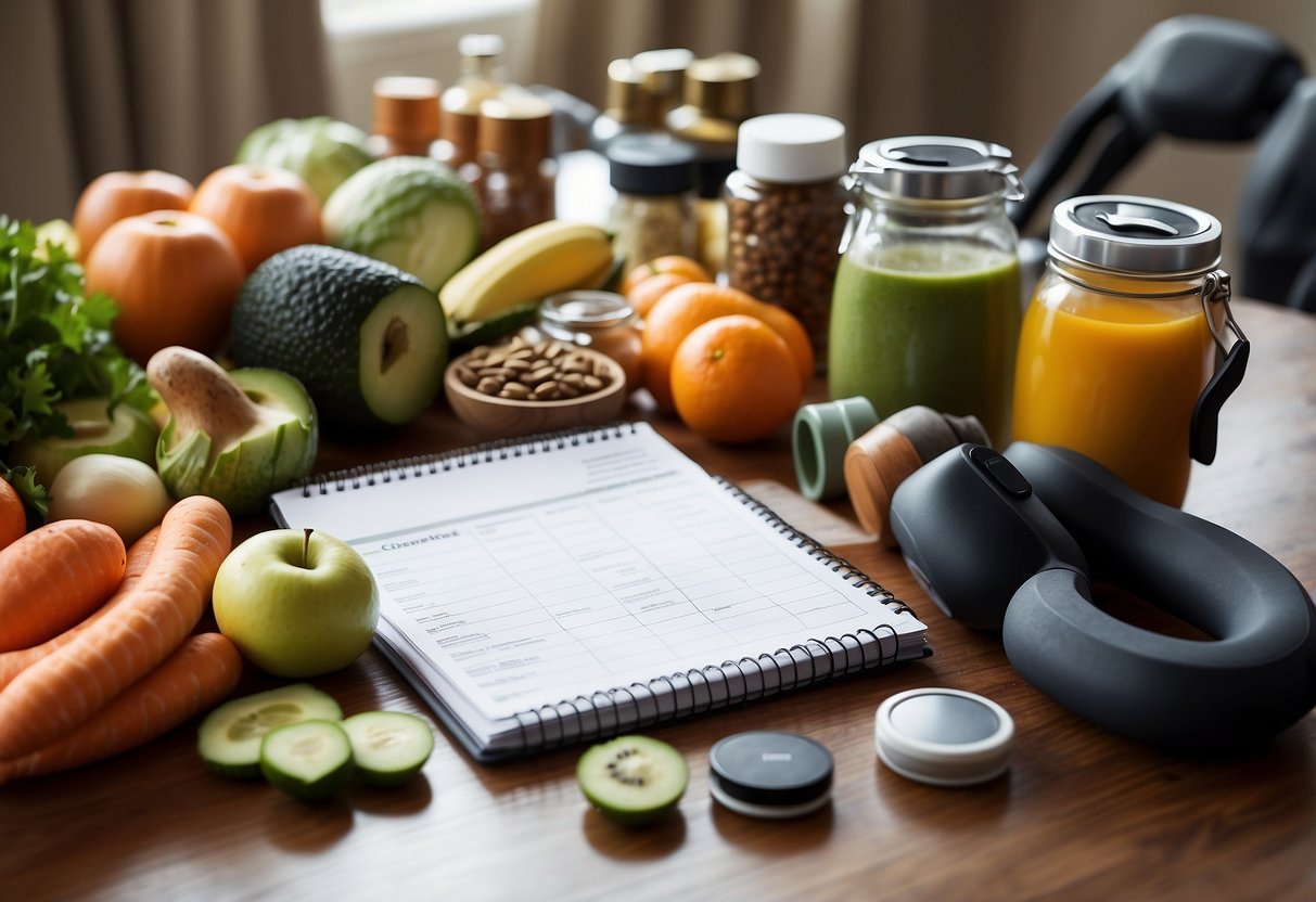 A table filled with healthy foods and supplements, surrounded by exercise equipment and a water bottle. A calendar with regular workout and meal plan schedules