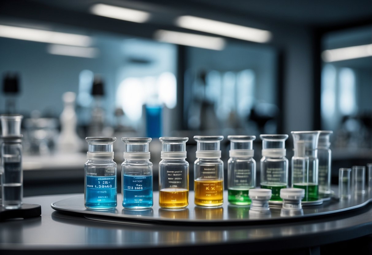 A laboratory setting with vials of peptides, scientific equipment, and a chart showing muscle growth and fat loss